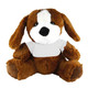 A brown plush dog with floppy ears and a white patch on its chest, wearing a plain white shirt.