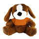 A brown plush dog with soft fur, wearing an orange shirt, sitting upright. The toy has a cute face and floppy ears.