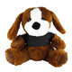 A brown plush dog wearing a black shirt, featuring soft fur and floppy ears, sits upright with a friendly expression.