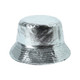 A silver bucket hat with a shiny, glittery finish and a textured surface. It features a logo.