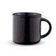A black ceramic mug with a smooth finish and a curved handle. It features a logo on the front.