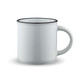 A drink mug in white with a black rim, featuring a curved handle and a glossy finish.