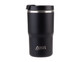 A drink bottle in matte black with a stainless steel band and a branded logo. 480ml capacity, vacuum insulated design.