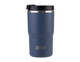 A drink bottle featuring a navy blue exterior and a black lid, with a logo on the front.