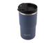 A drink bottle with a matte navy body, stainless steel rim, and a black lid featuring a logo.