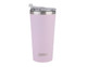 A drink bottle in pastel pink with a stainless steel rim and a clear lid, featuring a logo on the front.