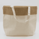 A jute and cotton cooler bag in cream with a brown jute top and white handles, featuring a logo.