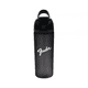 A drink bottle in black with a handle and a logo, featuring a sleek, contemporary design.