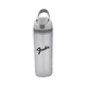 A drink bottle in silver with a grey lid and a carry handle, featuring a logo on the front.