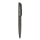 A metallic black ballpoint pen with a clip and a logo, featuring a sleek and elegant design.