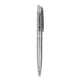 A silver metal ball pen with a clip and a logo on the side. The pen has a sleek and polished design.