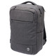 A grey backpack with multiple compartments and a logo, designed for carrying laptops.