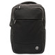 A black backpack with multiple compartments and a logo on the front. It has padded shoulder straps.