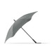 A grey BLUNT Classic Umbrella with a unique, aerodynamic shape and a curved canopy, featuring a logo on the handle.