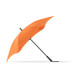 An orange umbrella with a black handle, featuring a sleek design and a curved canopy.