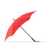A red BLUNT Classic Umbrella with a black handle, showcasing its unique curved design. It features a logo on the canopy.