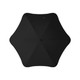 A black umbrella featuring a sleek, modern design with a central button and a curved silhouette.
