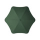 A green umbrella with a streamlined design, featuring a central button and a minimalist look. It has a logo on it.
