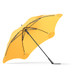 A yellow umbrella with a sleek design and a sturdy black frame, featuring a branding logo.