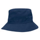 A navy blue twill bucket hat with a toggle, featuring a wide brim and two side buttons.
