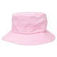 A pink kids' twill bucket hat with a wide brim and toggle adjustment, featuring a logo detail.