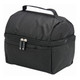 A black lunch bag with a zip closure, featuring a top handle and an external pocket. It has a simple logo.
