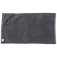 A dark grey gym towel with a pocket, made of soft material, featuring a small logo on one corner.