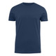 A dark blue men's crew neck T-shirt with a simple design and a branding logo on the side.