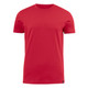 A red crew neck t-shirt with short sleeves and a logo at the hem. Suitable for casual wear.