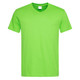 A men's classic V-neck T-shirt in bright green, featuring a logo on the label.