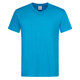 A blue men’s classic V-neck T-shirt with short sleeves and a label inside. It features a logo on the tag.