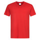 A red men's classic V-neck T-shirt featuring a logo on the tag.