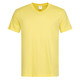 A yellow men's classic T-shirt with a V-neck and short sleeves, featuring a logo on the label.