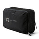 A black packing cube with a mesh side, featuring a logo. Designed for efficient organisation of belongings.