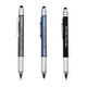 Three pens in grey, blue, and black with a silver grip and a logo on each.