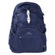 A navy backpack with multiple compartments and a logo, featuring adjustable straps and mesh side pockets.