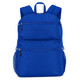A blue backpack with multiple zippered compartments and mesh side pockets. Features padded shoulder straps and a logo.