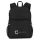 A black backpack with multiple compartments and side mesh pockets, featuring a logo on the front.