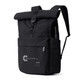 A black rolltop backpack featuring a front pocket and a logo, with adjustable straps and a drink bottle holder.