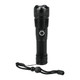 A black LED flashlight with a textured grip and a lanyard, featuring a round button for operation.