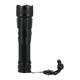 A black LED flashlight with textured grip and a lanyard attachment. It has a sleek, cylindrical design.