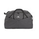 A grey duffel bag with a logo, featuring dual handles and adjustable straps for versatile carrying.