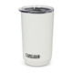 A drink bottle features a white finish with a clear lid and a branding logo. It holds 500ml of liquid.