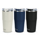 A drink bottle set featuring three CamelBak Thrive vacuum tumblers in white, navy, and black. Each has a lid and a logo.