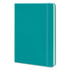 A large turquoise hard cover notebook with an elastic band and cream-coloured pages.