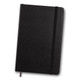 A black Moleskine sketchbook with a textured cover and an elastic closure band.