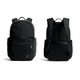 A black backpack with dual compartments and padded straps, featuring a simple design and a logo.