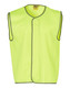 A hi-vis safety vest in bright yellow with grey trim, featuring a sleeveless design and a logo.