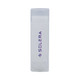 A transparent lip balm container with a white balm inside and a purple logo.