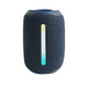A waterproof Bluetooth speaker in navy blue with an illuminated vertical stripe, featuring a textured fabric surface and a logo.